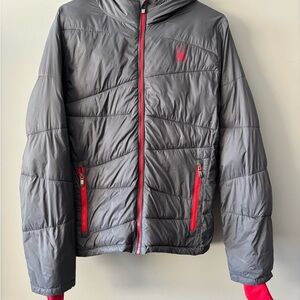 Spyder Men Charcoal and Crimson Puffer Jacket